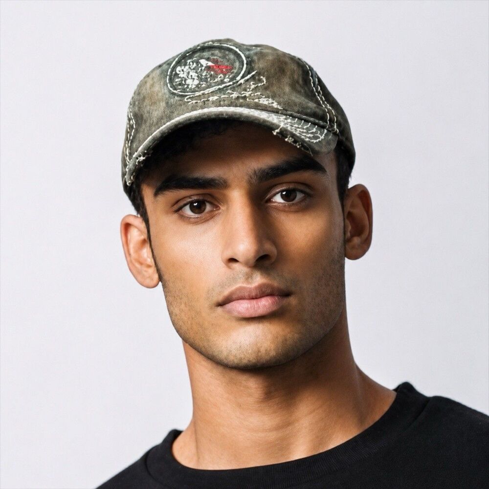 Replay Distressed Baseball Cap Olive Cotton Astronaut Patch Leather Strap OSFM